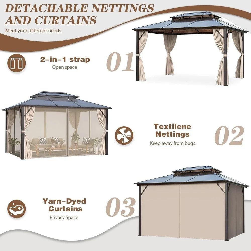 EROMMY Gazebo a tetto rigido, Pergola da esterno con doppio tetto, zanzariere e tende, Tenda da sole resistente per patio, cortile, feste in piscina