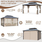 EROMMY Gazebo a tetto rigido, Pergola da esterno con doppio tetto, zanzariere e tende, Tenda da sole resistente per patio, cortile, feste in piscina