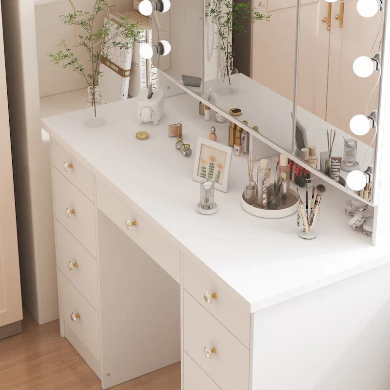 Lussuosa Toeletta da Trucco a LED con 9 Cassetti Elegante Postazione Trucco