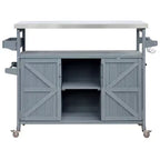 Isola per cucina Okak Outdoor con piano in acciaio inossidabile, carrello da cucina in legno con ante, ripiani e porta spezie, isola da cucina con ruote