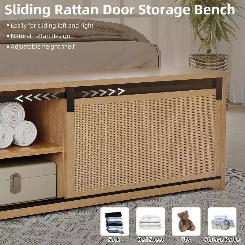 Struttura Letto Boho Farmhouse in Rattan Naturale, Testiera con Luci LED e Cassettiere a Scomparsa, Gambe di Supporto in Legno Massello.