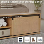 Struttura Letto Boho Farmhouse in Rattan Naturale, Testiera con Luci LED e Cassettiere a Scomparsa, Gambe di Supporto in Legno Massello.