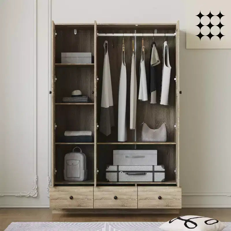 Famapy Armadio in Rattan con 3 Cassetti, Armadio con 3 Ante Traspiranti in Rattan, Armadio Alto in Stile Rustico per Camera da Letto
