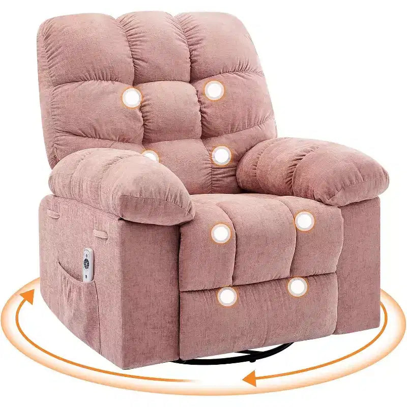 Poltrona Reclinabile Massaggiante con Calore - Girevole a 360°, Dondolo, Divano Singolo Oversize con Vibrazione, USB e Tasche Contenitore per Soggiorno/Camera da Letto