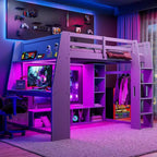 Letto a soppalco da gaming Whisen Wood, formato singolo, con scrivania, mensole multi-storage, LED e un appendiabiti