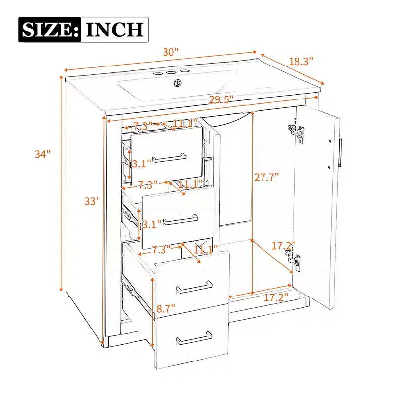 Mobile bagno 30 pollici con lavabo singolo, armadietto e 3 cassetti – Nero / Blu / Verde / Indaco / Bianco