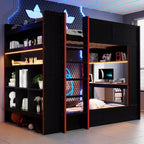 Letto a castello da gaming in legno a grandezza naturale con scrivania integrata, mensole, luci LED a 7 colori e stazione di ricarica, nero - ModernLuxe