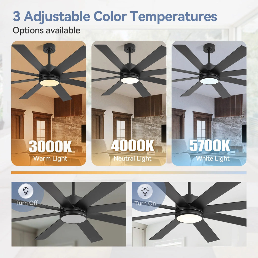 Ventilatore da soffitto nero da 65 pollici a 8 pale con luce LED e telecomando