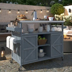 Isola Cucina da Esterno, Carrello Bar con Ruote e Mobile Contenitore, Tavolo per Barbecue in Legno Massello con Piano in Acciaio Inox, Porta Spezie, Porta Asciugamani