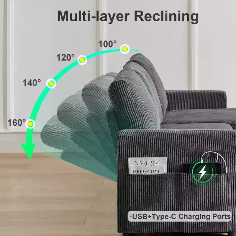 Divano Letto Estraibile 2 in 1 Dyonery con Chaise Longue Contenitore e USB, Divano Angolare in Velluto a Coste per Soggiorno