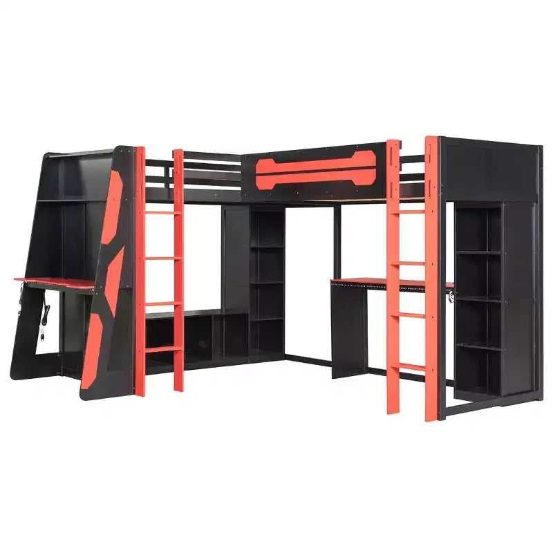 Letto a soppalco a L da gaming con scrivanie, letti a soppalco doppi con luci LED, porte USB, scaffali portaoggetti, letto a soppalco ad angolo in legno per 2