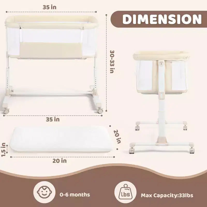 Culla Neonato con Ruote – Beige / Grigio / Rosa, Culla Fianco Letto, per 1 Neonato