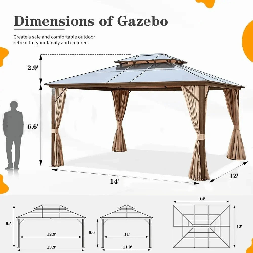 EROMMY Gazebo a tetto rigido, Pergola da esterno con doppio tetto, zanzariere e tende, Tenda da sole resistente per patio, cortile, feste in piscina
