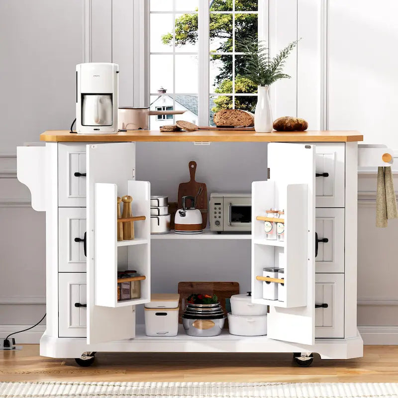 Isola Cucina Espandibile con Ante a Scomparsa, Carrello Cucina su 4 Ruote con Presa Elettrica, Tavolo Isola Mobile con 2 Ante e 6 Cassetti