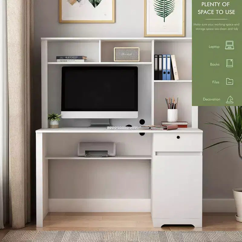 Scrivania moderna da 130 cm con libreria e scaffali, scrivania da ufficio con ampio spazio di archiviazione, scrivania per studio, sala lettura