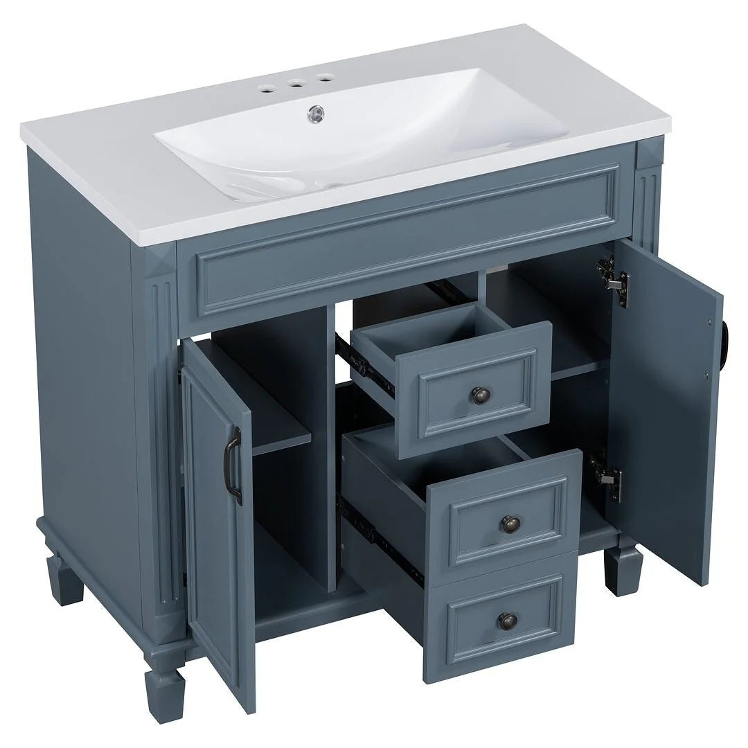 Mobile Bagno Moderno da 90cm con Lavabo Integrato e Specchiera, 2 Ante e 2 Cassetti