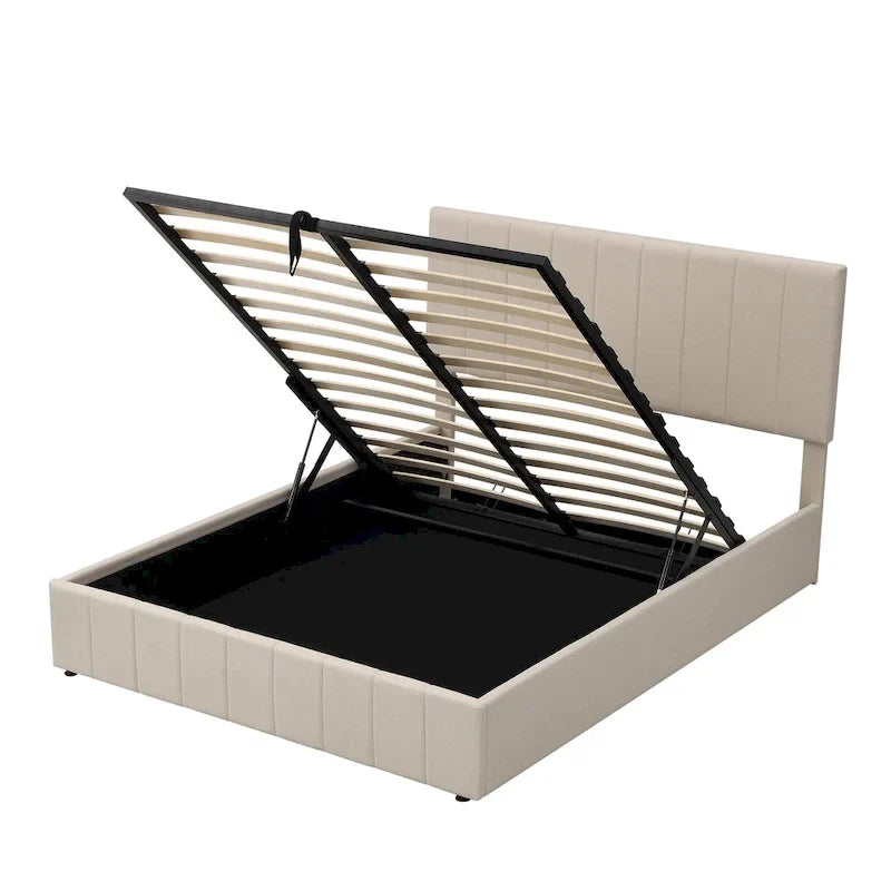 Letto imbottito Queen size con sistema di sollevamento idraulico e vano contenitore - Beige