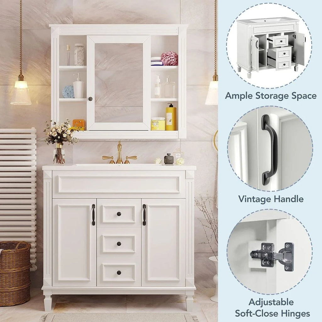 Mobile Bagno Moderno da 90cm con Lavabo Integrato e Specchiera, 2 Ante e 2 Cassetti