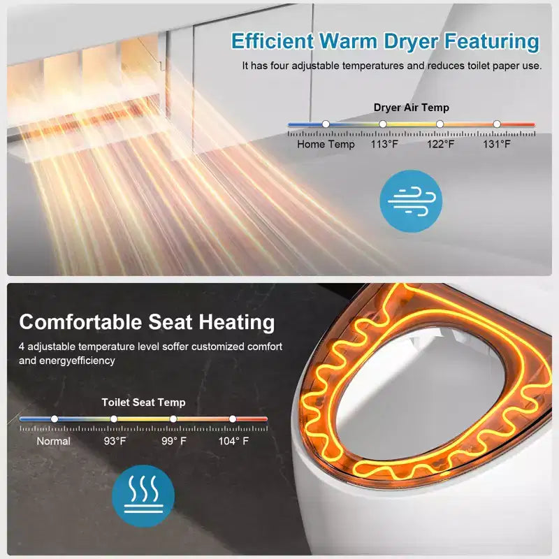 Vaso Bidet Intelligente con Coperchio e Sedile ad Apertura/Chiusura Automatica, Scarico con Sensore a Piede, Senza Serbatoio Monoblocco Allungato, Sedile Riscaldato