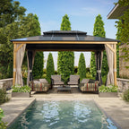 EROMMY Gazebo a tetto rigido, Pergola da esterno con doppio tetto, zanzariere e tende, Tenda da sole resistente per patio, cortile, feste in piscina