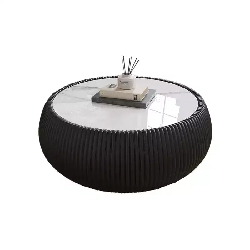 Tavolino Moderno Rotondo a Tamburo Okak con Piano in Marmo e Lato in Pelle, Tavolino da Centro alla Moda per Soggiorno, Camera da Letto
