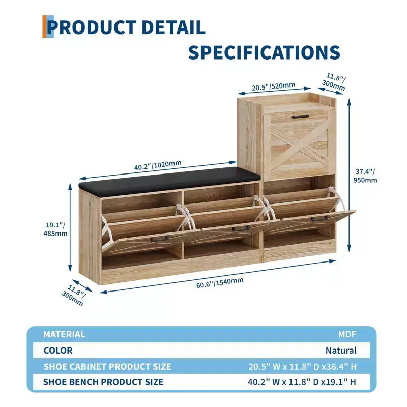 Panca scarpiera da ingresso in legno stile rustico con 4 cassetti a ribalta, scarpiera sottile salvaspazio, mobile scarpiera autoportante per ingresso e corridoio