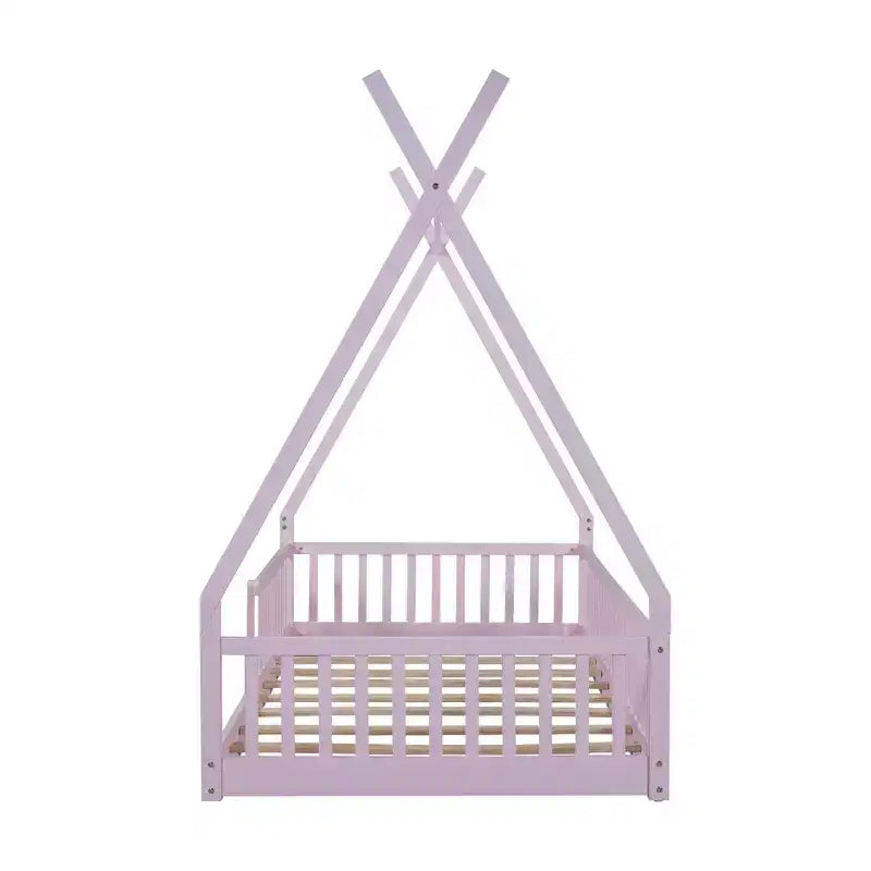 Letto a pavimento per bambini, letti a tenda a una piazza, letto a pavimento Montessori con doghe e sponde di protezione, struttura letto a casetta in legno per ragazzi e ragazze