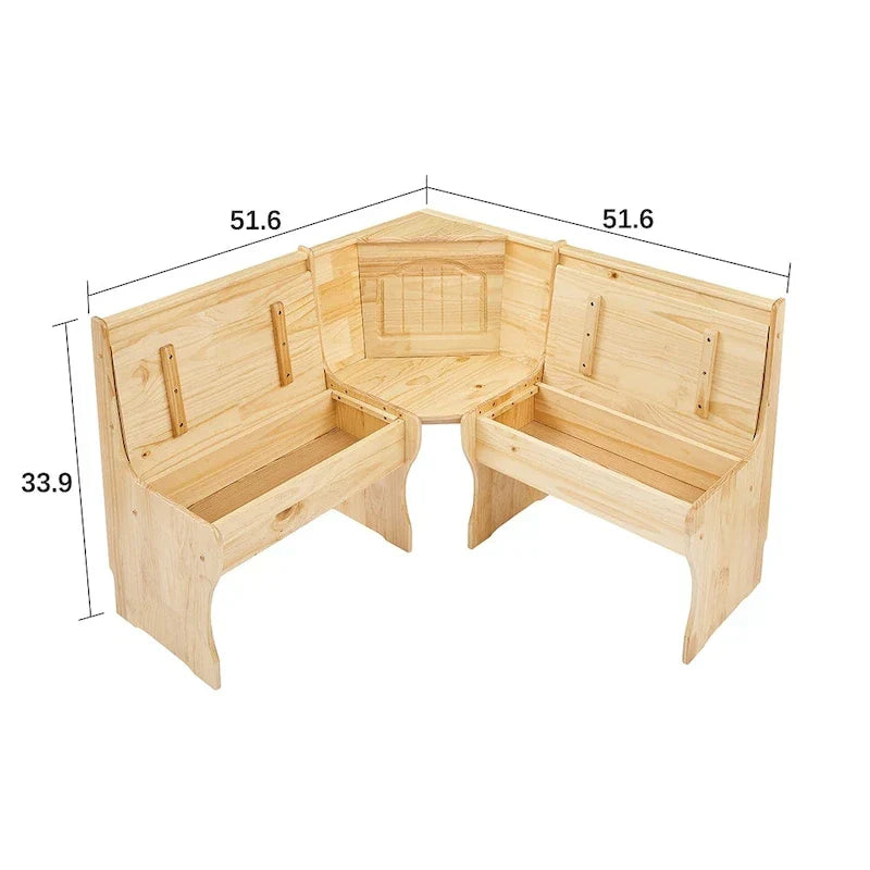 MUSEHOMEINC Set da Pranzo ad Angolo Nook in Stile Tradizionale a 3 Pezzi in Legno Massello con Panca Laterale, Set Tavolo Angolare con Contenitore Nascosto