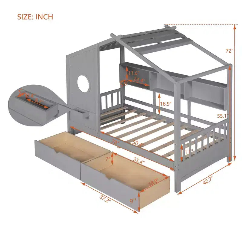 Letto a casetta in legno per bambini, piazza singola/matrimoniale, con 2 cassetti e ripiano portaoggetti - ModernLuxe