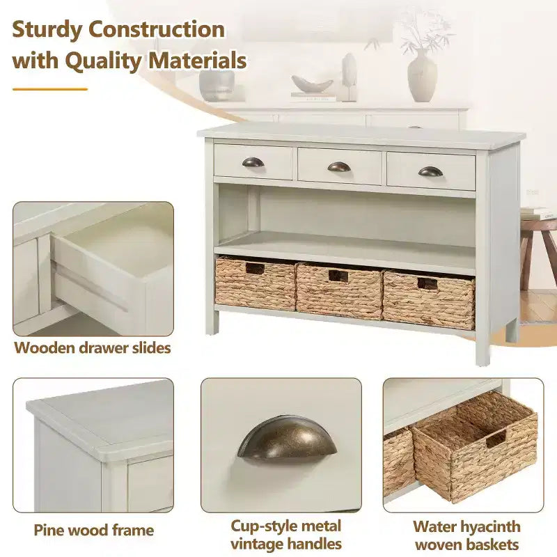 Consolle da Ingresso con Contenitore, Tavolo da Ingresso Stile Rustico con 3 Cassetti e 3 Cesti in Giacinto d'Acqua per Soggiorno o Ingresso - Panipeachy