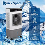 Raffrescatore Evaporativo con Serbatoio dell'Acqua, 4 Sacchetti di Ghiaccio, 3 Velocità, Oscillazione di 120°, Telecomando e Timer di 12 Ore, 150W Portatile da Pavimento