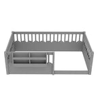 Letto a terra per bambini Bellemave con recinzione rialzata e libreria, struttura letto matrimoniale in legno Montessori per bambine e bambini