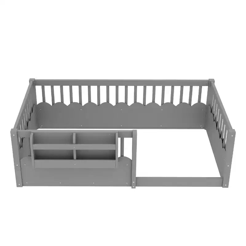 Letto a terra per bambini Bellemave con recinzione rialzata e libreria, struttura letto matrimoniale in legno Montessori per bambine e bambini
