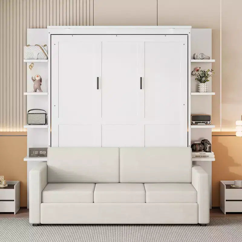 Letto a muro a scomparsa Whisen Modern Design con struttura in legno, Queen Size, con divano e mensole