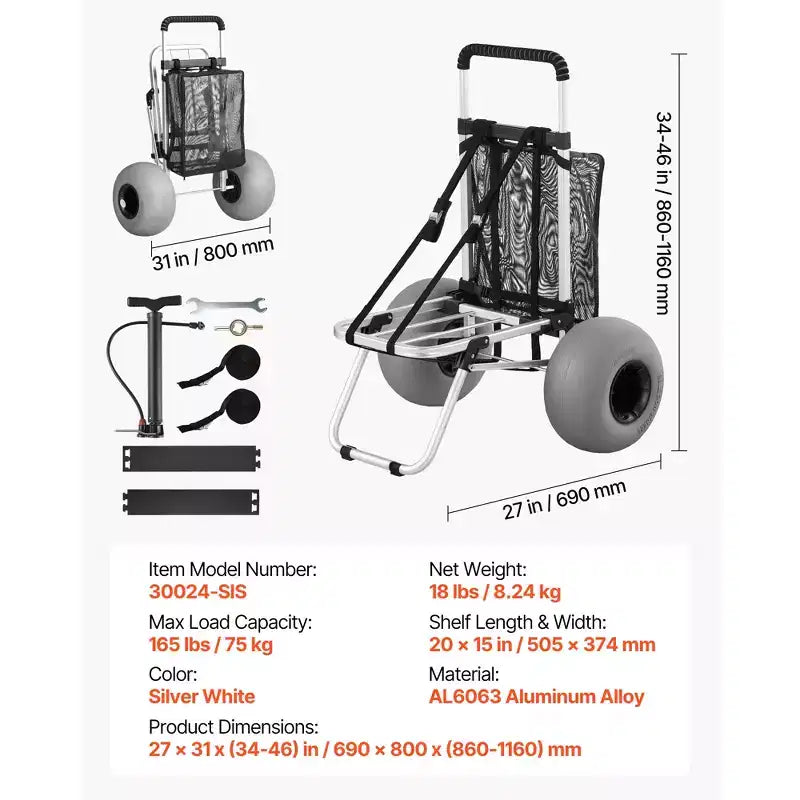 VEVOR Carrello da Spiaggia con Grandi Ruote per Sabbia, Piattaforma di Carico 50,8x38,1 cm, Carrello Pieghevole per Sabbia con Ruote a Palloncino da 30,5 cm, Capacità di Carico 75 kg, Argento+Nero