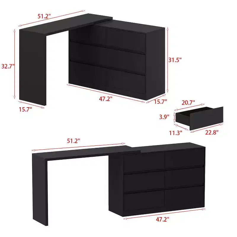Credenza/Mobile Buffet Intelligente Girevole/Allungabile con 6 Cassetti, Piano d'Appoggio Estensibile, Tappetino Antiscivolo, Tavolo da Pranzo Girevole, Dispensa ad Isola per Cucina
