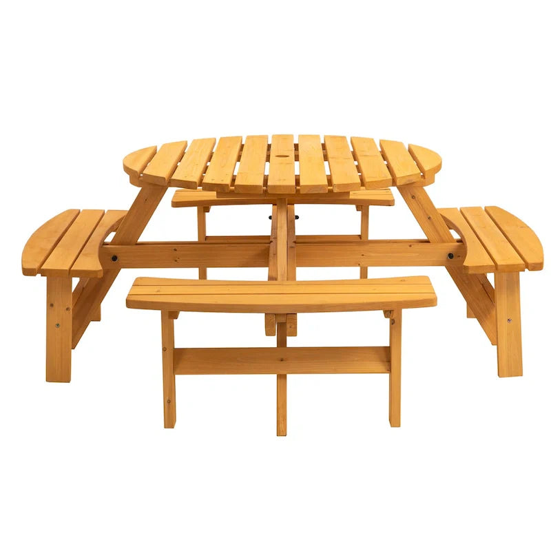 Set da pranzo rotondo da picnic per 8 persone in legno di abete da esterno con 4 panche integrate e foro per ombrellone