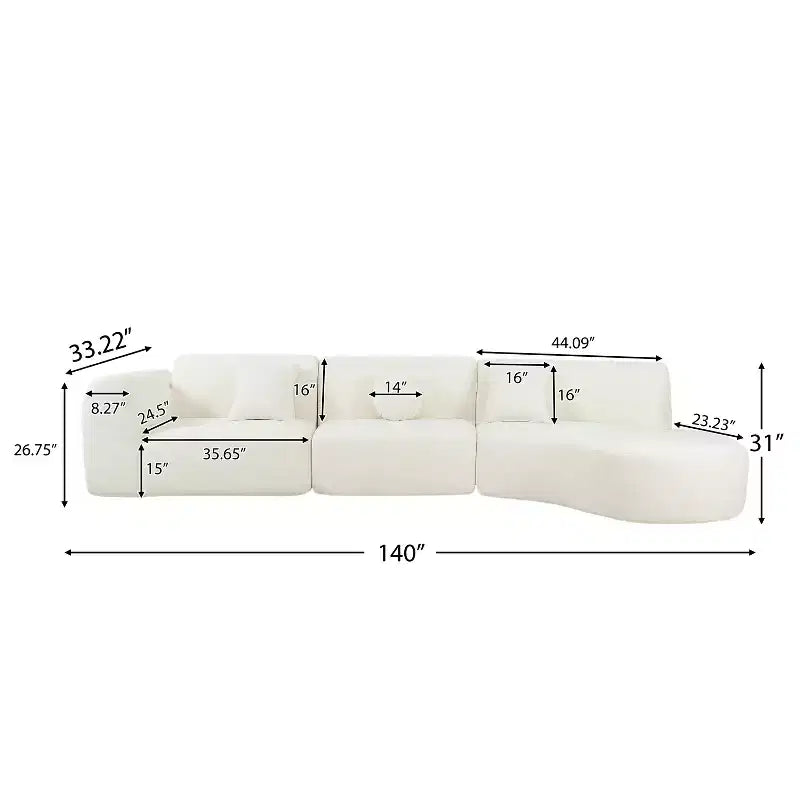 Divano componibile curvo moderno da 140 pollici con chaise longue, set da 3 pezzi, per soggiorno
