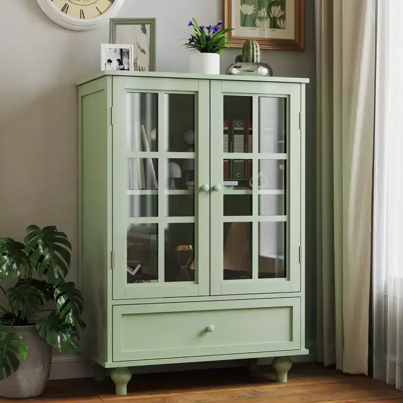 Mobiletti portaoggetti, Armadietto da terra in legno con 1 cassetto e 2 ante in vetro, Credenza a buffet in stile rustico con spazio per il soggiorno