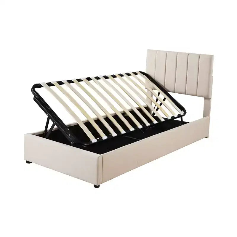 Bellemave Letto Matrimoniale Singolo con Contenitore a Sollevamento, Letto a Piattaforma Imbottito con Sistema di Contenitore Idraulico, Testiera a Strisce Verticali, Beige