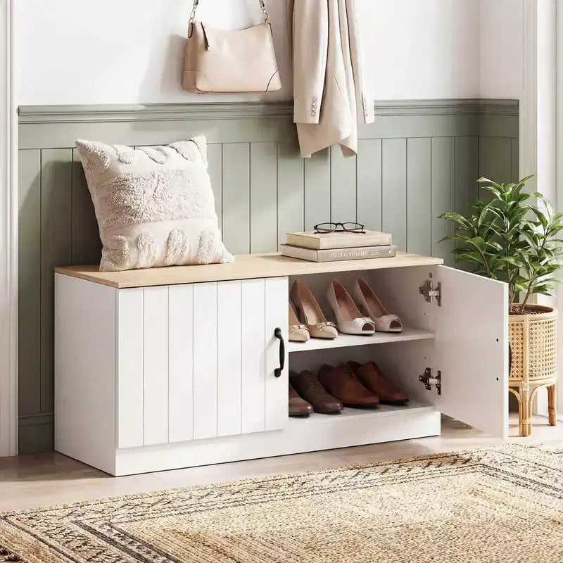 Panca scarpiera a 2 ante con ripiani regolabili e vano portaoggetti nascosto Naturale + Bianco