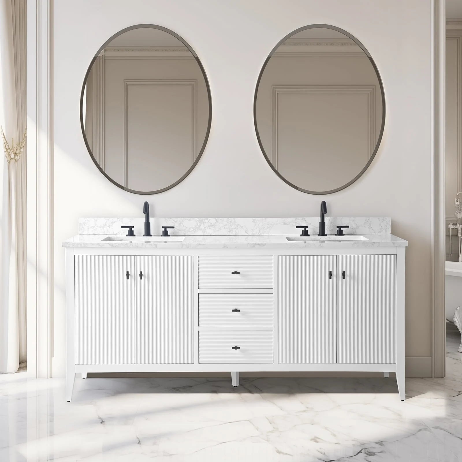 Meuble-lavabo de salle de bain Vanity Art 72 po à double vasque avec dessus en marbre reconstitué