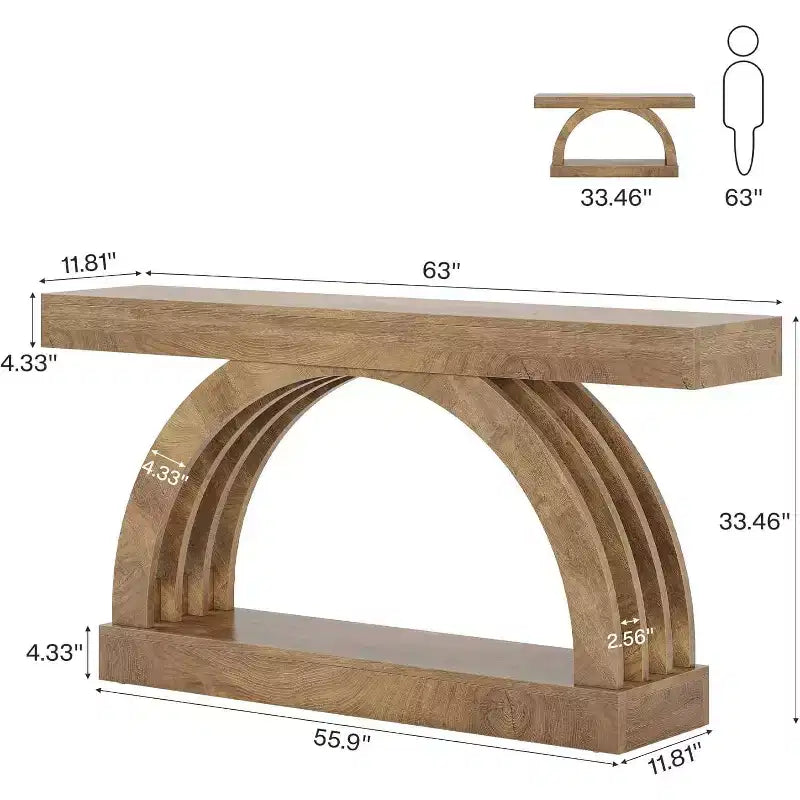 Consolle da ingresso Lantine da 63 pollici, tavolino a 2 ripiani dietro il divano, consolle ad arco stretta unica in stile rustico per corridoio, soggiorno, atrio, naturale