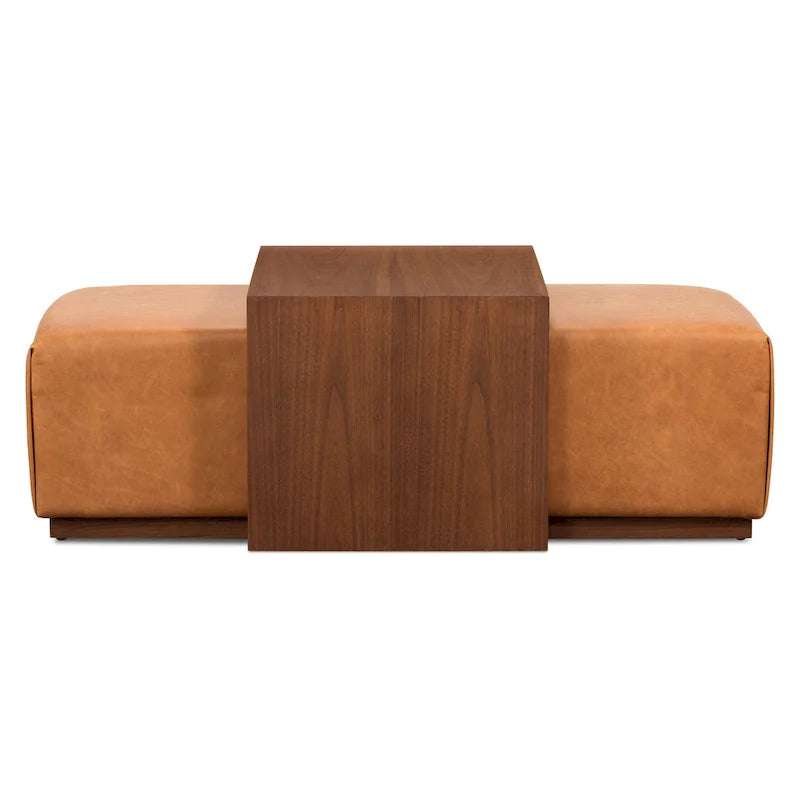 Pouf Jarmo Poly & Bark con Tavolino Regolabile in Noce - Vera Pelle Italiana Pieno Fiore