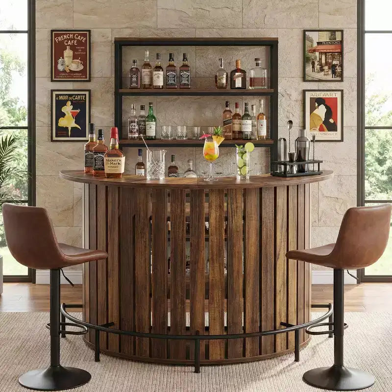 Mini Bar a 4 Livelli a Forma di Arco, Tavolo Bar Moderno Rustico con Poggiapiedi e Costruzione in MDF
