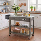 Carrello da Cucina su Ruote con Piano in Marmo, Isola da Cucina in Legno Massello con 2 Cassetti, Carrello da Cucina a 3 Livelli con Ruote Staccabili Bloccabili e Portasciugamani