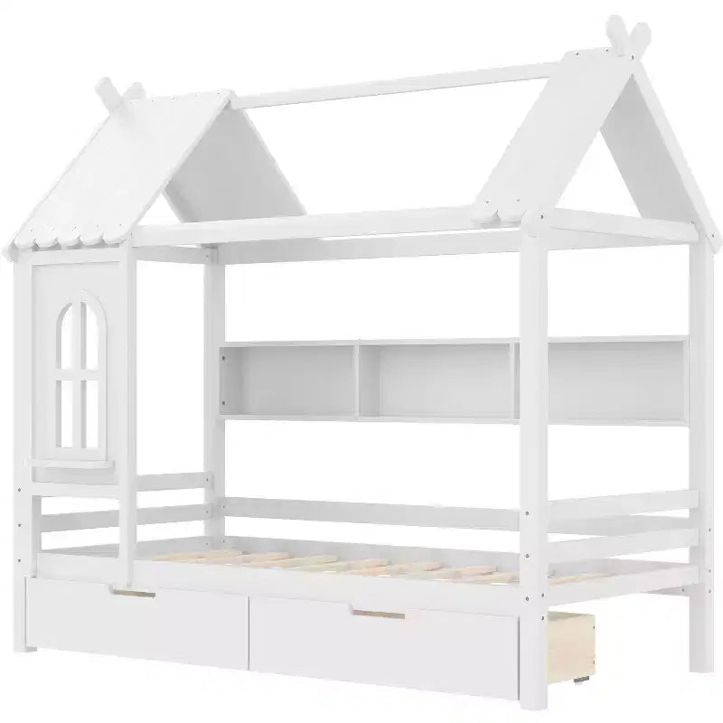 Letto a piattaforma a forma di casa con cassetti contenitori e finestra, struttura in legno massello con mensole, design giocoso per bambini, bianco chiaro