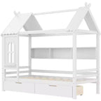 Letto a piattaforma a forma di casa con cassetti contenitori e finestra, struttura in legno massello con mensole, design giocoso per bambini, bianco chiaro