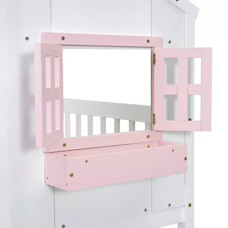 Letto a soppalco a forma di casetta con scaletta e spondine per bambini, in legno, misura singola