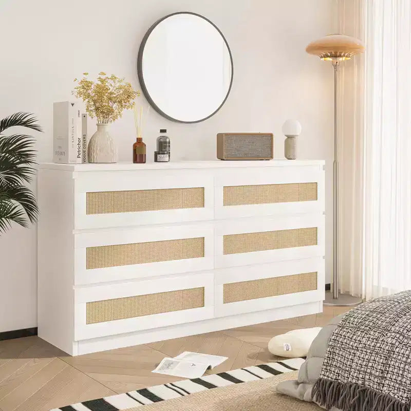 Cassettiera in Rattan per Camera da Letto con 6 Cassetti, Comò Largo Moderno in Stile Fattoria da 120 cm, Mobile Contenitore in Legno per Armadio, Soggiorno, Corridoio
